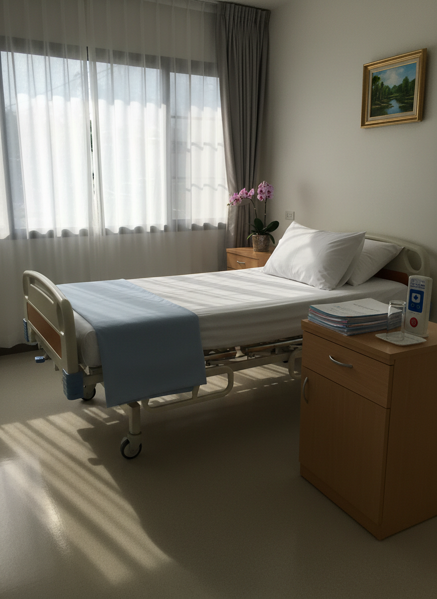 A neatly made single hospital-style bed with crisp white linens, a pale blue cotton blanket folded at the foot, and an adjustable headrest, set in a spotless private room. Beside the bed, a sturdy light wood bedside table holds neatly organized medical charts, an empty water carafe, and a digital call button panel. Soft natural daylight filters through sheer curtains over a large window, creating gentle highlights on the metal bed rails and casting calm shadows on the polished vinyl floor. Photographic realism, eye-level composition with moderate depth of field keeps the entire room in sharp focus. The atmosphere feels professional, safe, and welcoming, ideal for a Thai nursing care center for older adults.