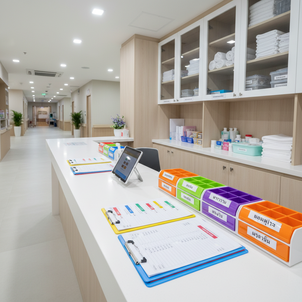 A bright, organized nursing station featuring a long white counter with smooth laminate finish, neatly arranged clipboards, a tablet device on a stand, and color-coded medication trays, all precisely labeled in Thai. Behind the counter, built-in cabinets with frosted glass doors hold carefully stored medical supplies and linens. Overhead LED panel lighting provides even, soft illumination with no harsh shadows, reflecting gently on the clean surfaces. Shot in photographic realism from a slightly elevated angle, capturing the entire station in sharp detail while the background corridor softly blurs. The mood is highly professional, efficient, and reassuring, representing a well-managed elderly care facility in Thailand that emphasizes safety and meticulous organization.