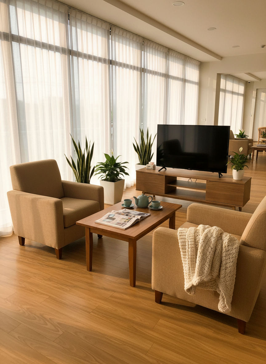 A cozy common area in an elderly care center, furnished with two plush, high-backed armchairs in warm beige fabric facing a low wooden table that holds a large-print Thai magazine, a neatly folded knitted throw, and a ceramic teapot with matching cups. The room features smooth wooden flooring, potted green plants in simple white planters, and a low TV cabinet with a turned-off flat-screen. Late afternoon sunlight streams through large windows with sheer curtains, creating a golden, comforting glow and soft shadows. Photographic realism, composed using the rule of thirds at eye level, with a slightly blurred background corridor. The atmosphere is calm, homely, and inviting, balancing professional care with a sense of warmth.